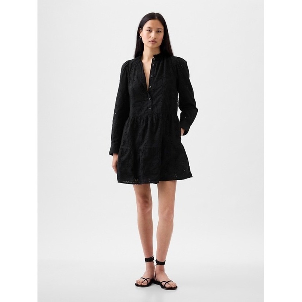 Gap LS Eyelet Tiered Mini Dress Large Black Embroidered Ruffle Neck Shirtdress